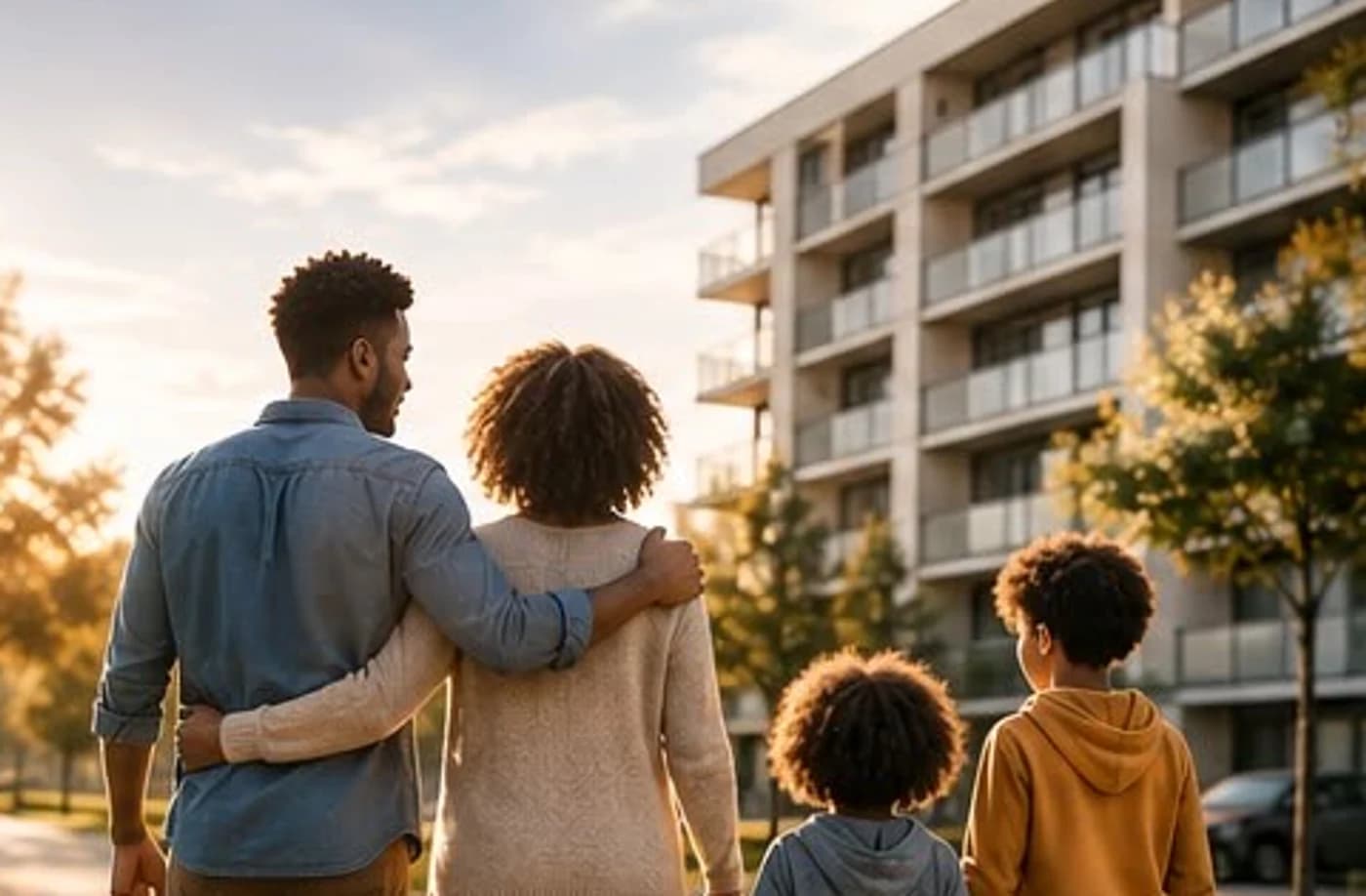 Une famille se dirige vers son nouveau logement