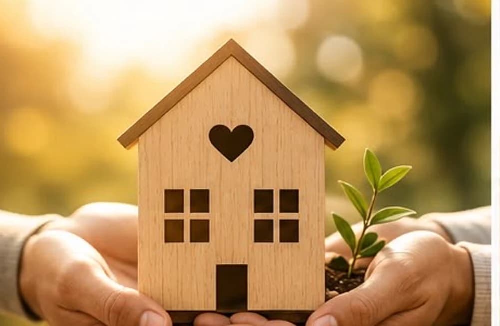 Des mains tenant une maisonnette symbolique et une jeune pousse